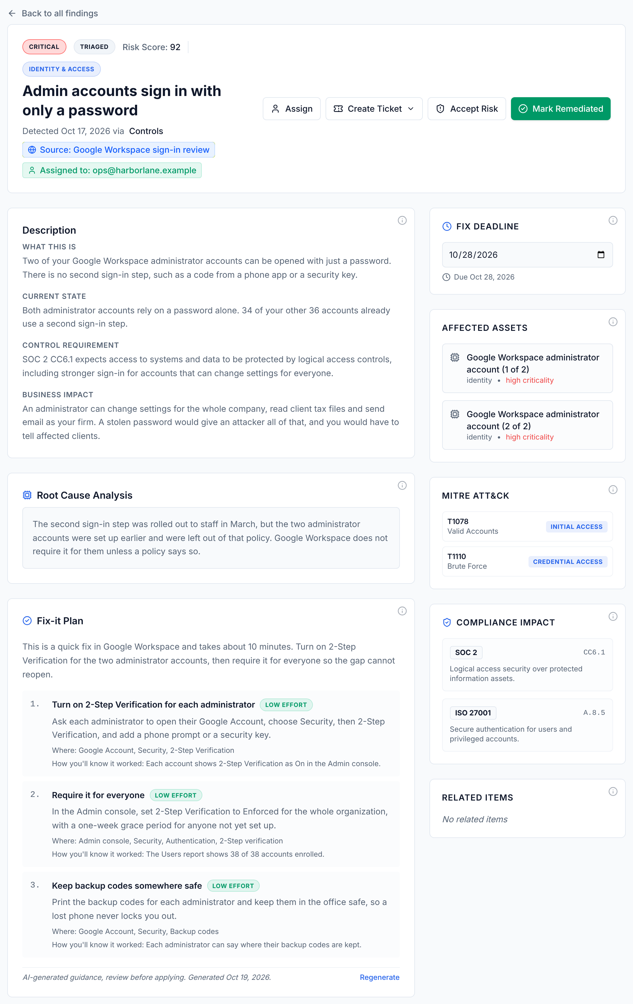 One finding opened in CISO Ai: administrator accounts that sign in with only a password. It shows what the issue is, the business impact, the root cause, and a three step fix-it plan with where to click and how to check it worked.