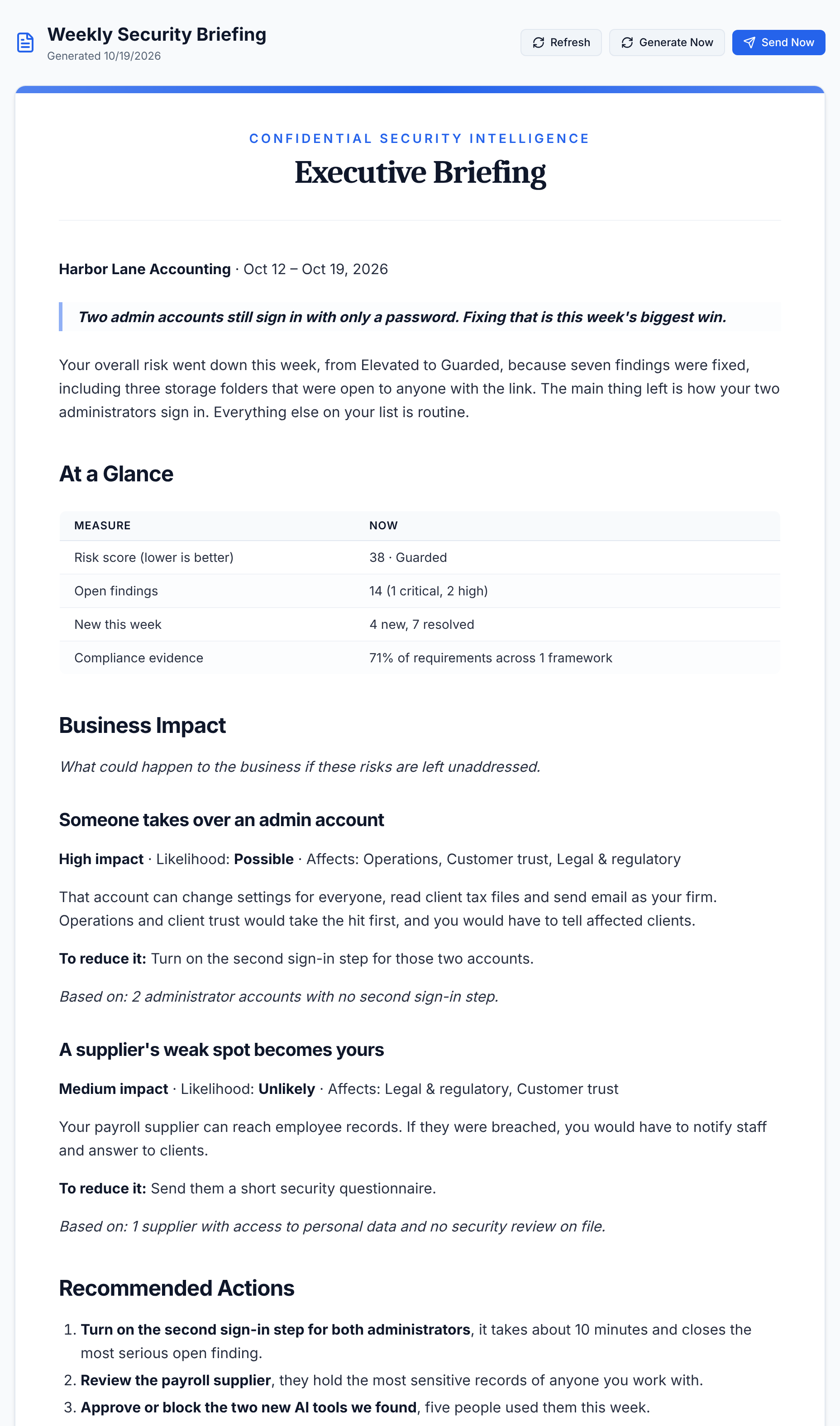 The same weekly briefing inside the CISO Ai app, with the headline, an at a glance table, business impact and recommended actions.